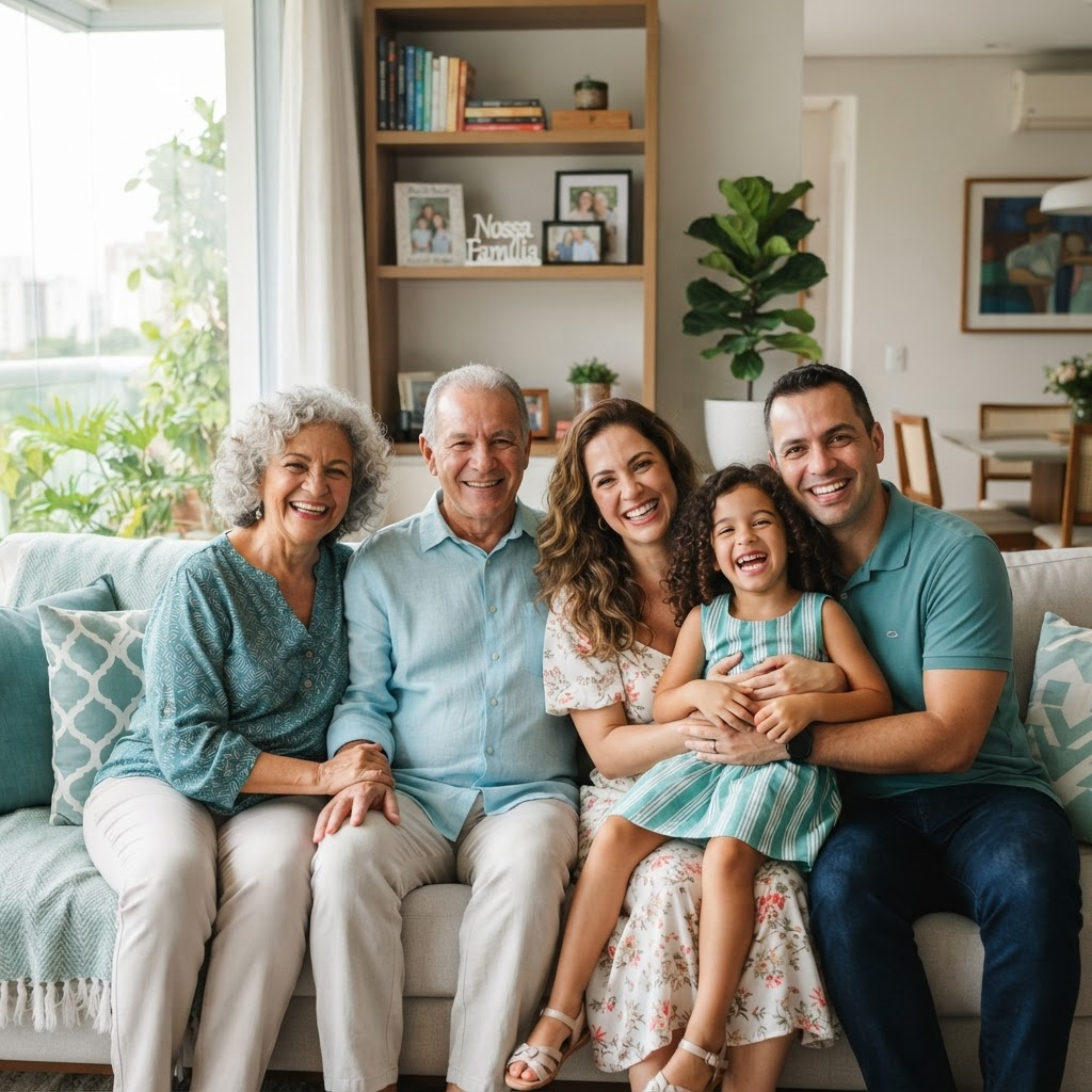 Família brasileira feliz e protegida por seguros da Lacerda Soluções